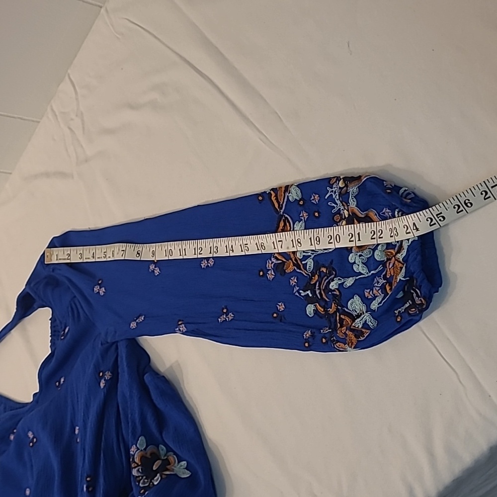 Free People Blue Oxford Long Sleeve Keyhole Back Mini Dress Embroidered Sz XS - Picture 13 of 15
